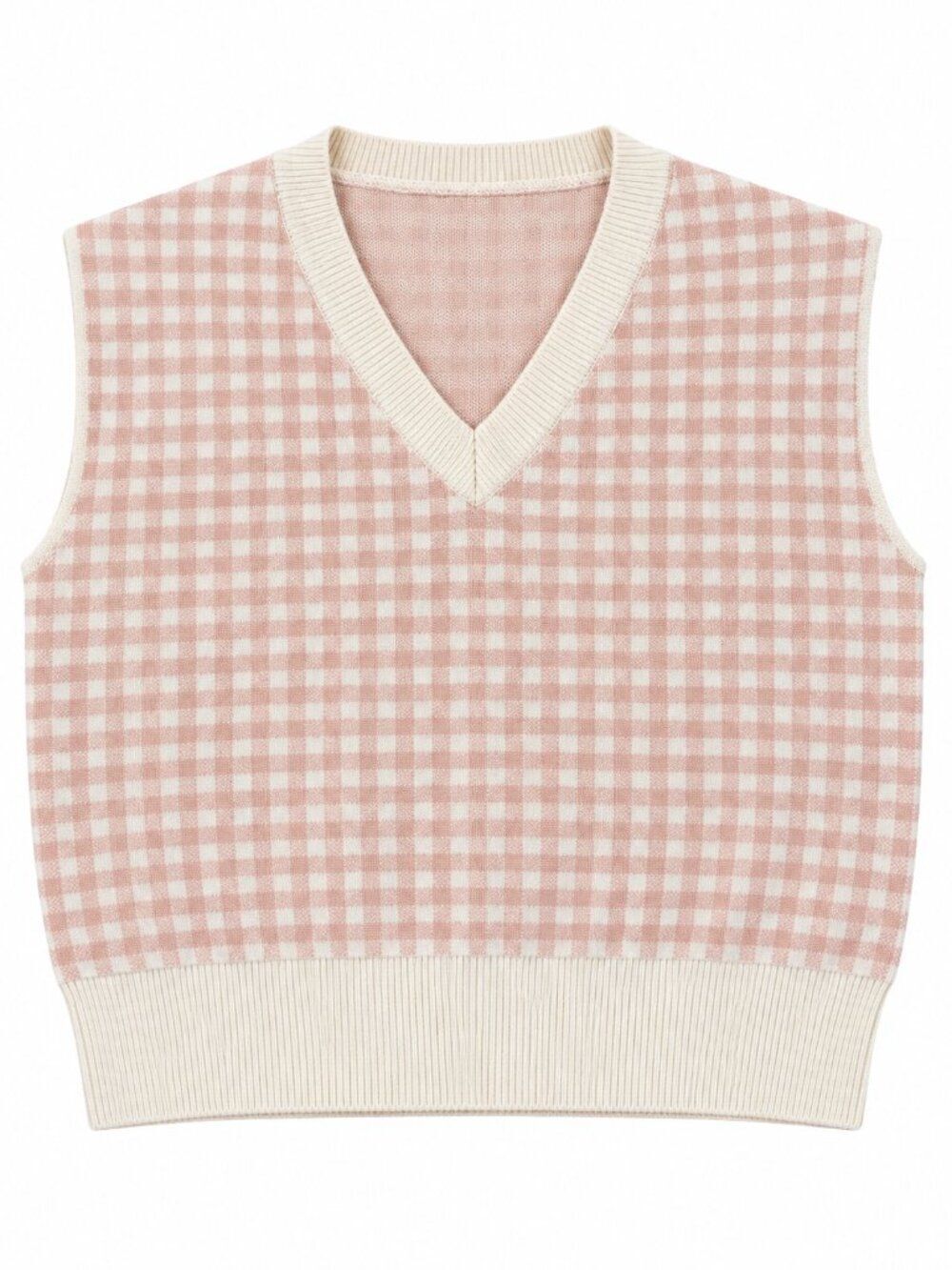 Pink & Cream Gingham V-Neck Sweater Vest Preppy Coquette Knit Top S/M